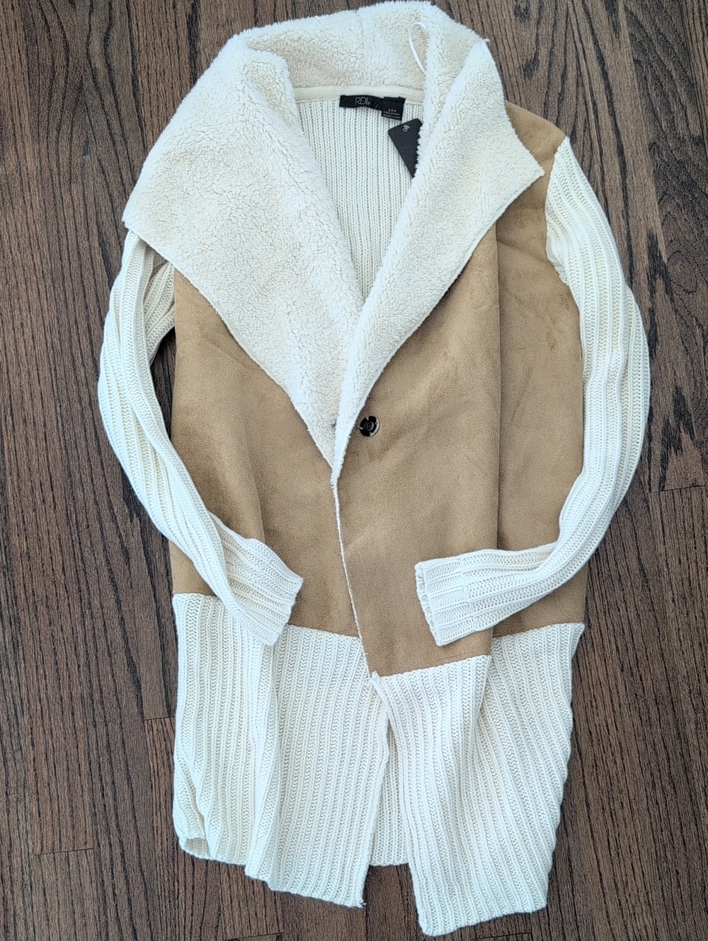 RDI Cream & Tan Sherpa-Trim Open Front Coatigan